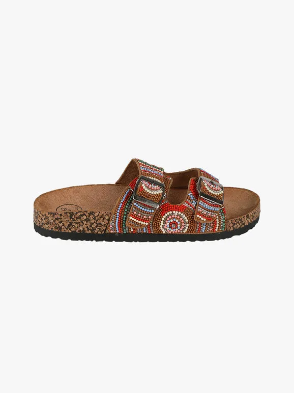 Galia Zapatillas de mujer con cuentas de colores y hebillas.