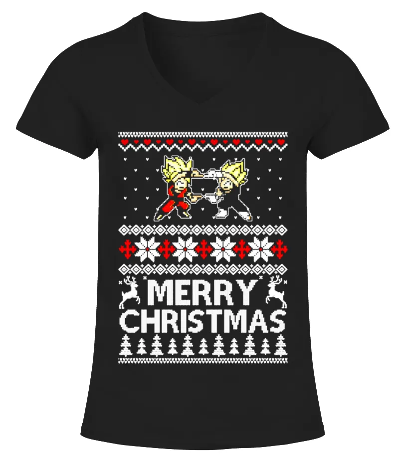 Goku and Vegeta Fusion Dance Merry Christmas Camiseta cuello pico Mujer