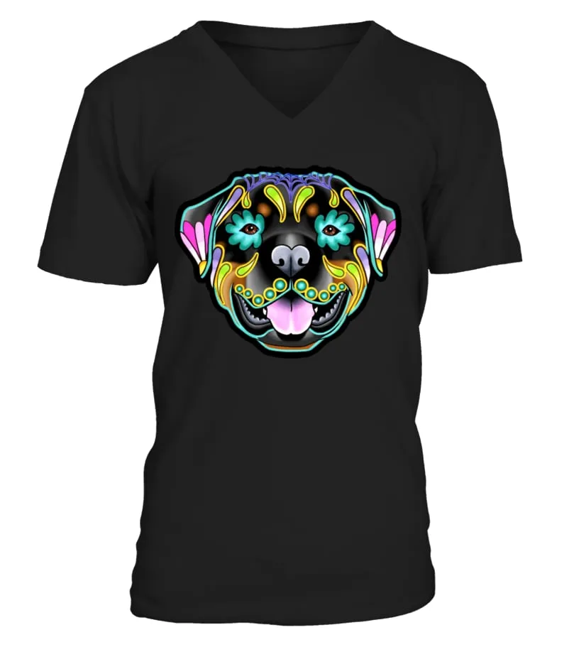 Rottweiler Day Of The Dead Sugar Skull Dog T Shirt By Prettyinink Camiseta cuello en V Unisex