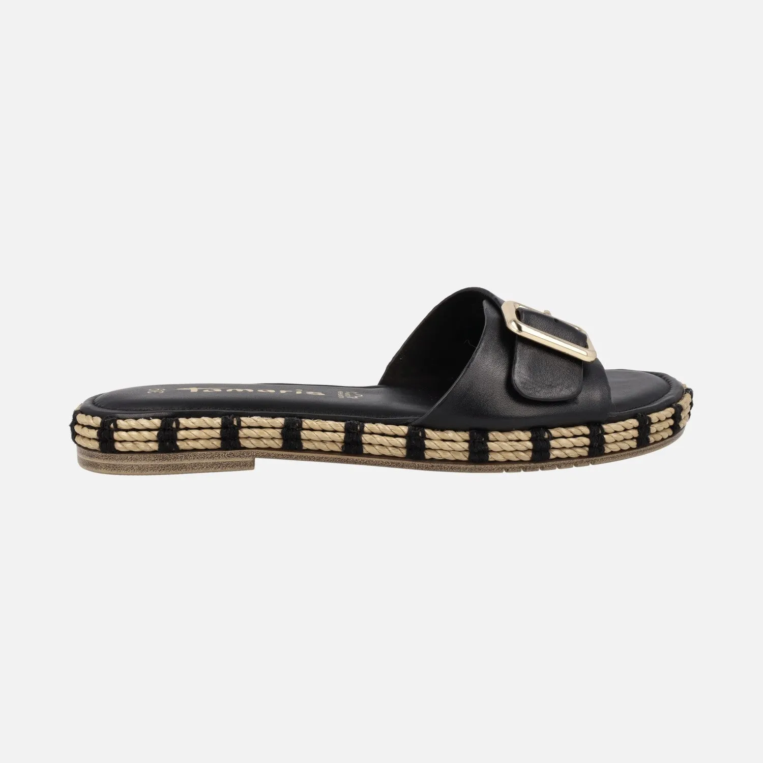 Sandalias de piel con hebilla y piso de rafia