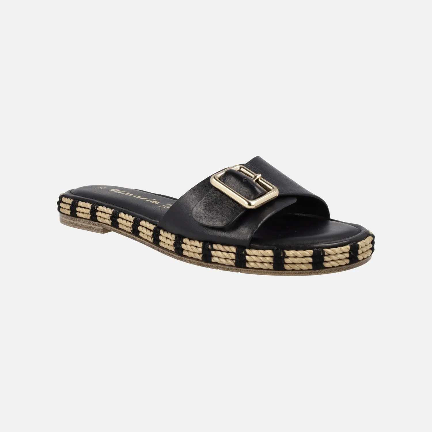 Sandalias de piel con hebilla y piso de rafia
