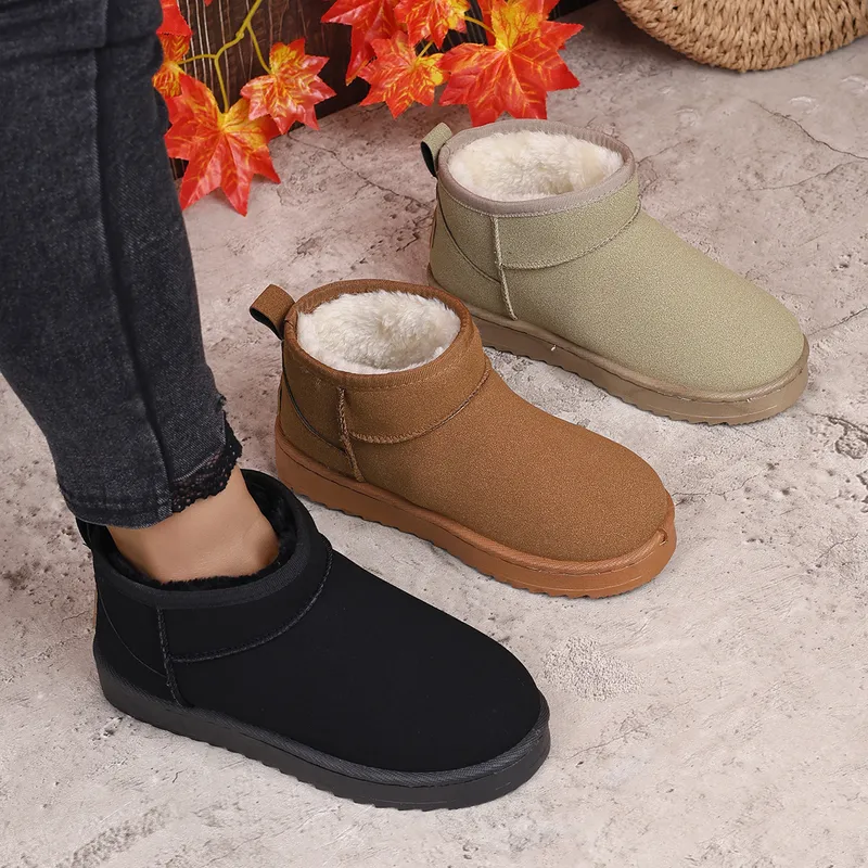 Snow for Women 2024 Winter New Round Toe más zapatos de felpa, Tacón de algodón de tubo corto de tacón plano de estudiante
