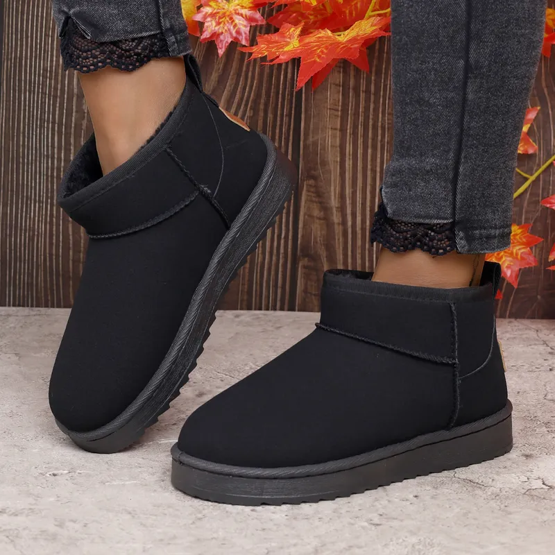 Snow for Women 2024 Winter New Round Toe más zapatos de felpa, Tacón de algodón de tubo corto de tacón plano de estudiante