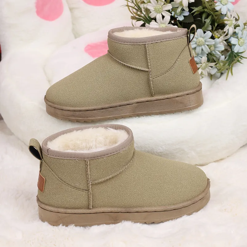 Snow for Women 2024 Winter New Round Toe más zapatos de felpa, Tacón de algodón de tubo corto de tacón plano de estudiante