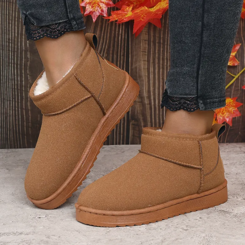 Snow for Women 2024 Winter New Round Toe más zapatos de felpa, Tacón de algodón de tubo corto de tacón plano de estudiante