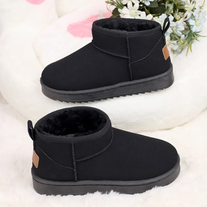 Snow for Women 2024 Winter New Round Toe más zapatos de felpa, Tacón de algodón de tubo corto de tacón plano de estudiante