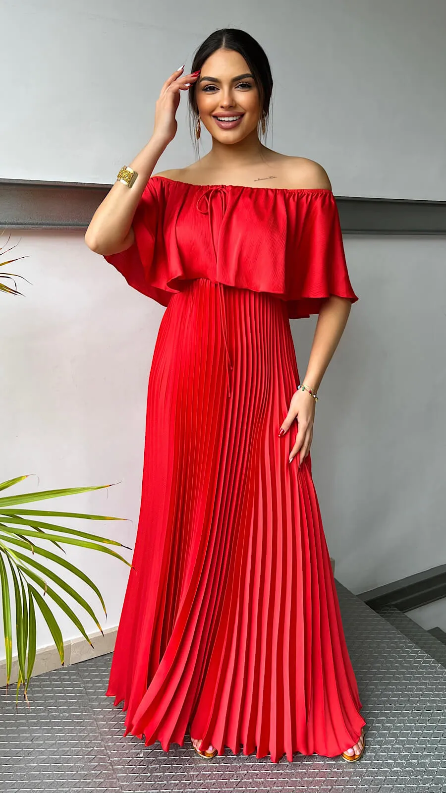 Vestido Escote Hombros Plisado