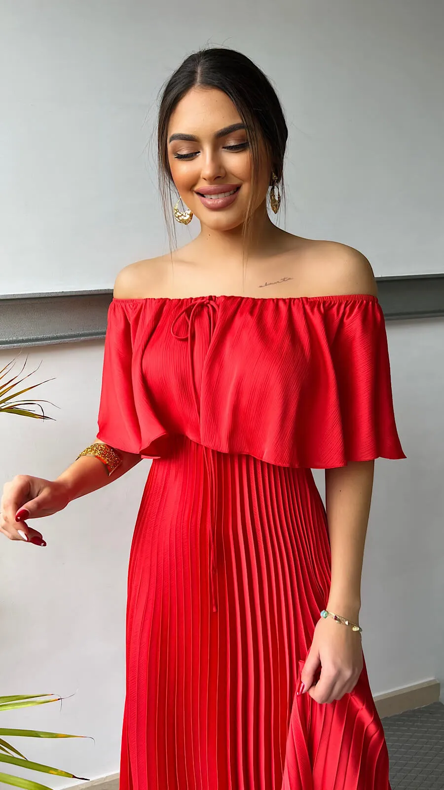 Vestido Escote Hombros Plisado
