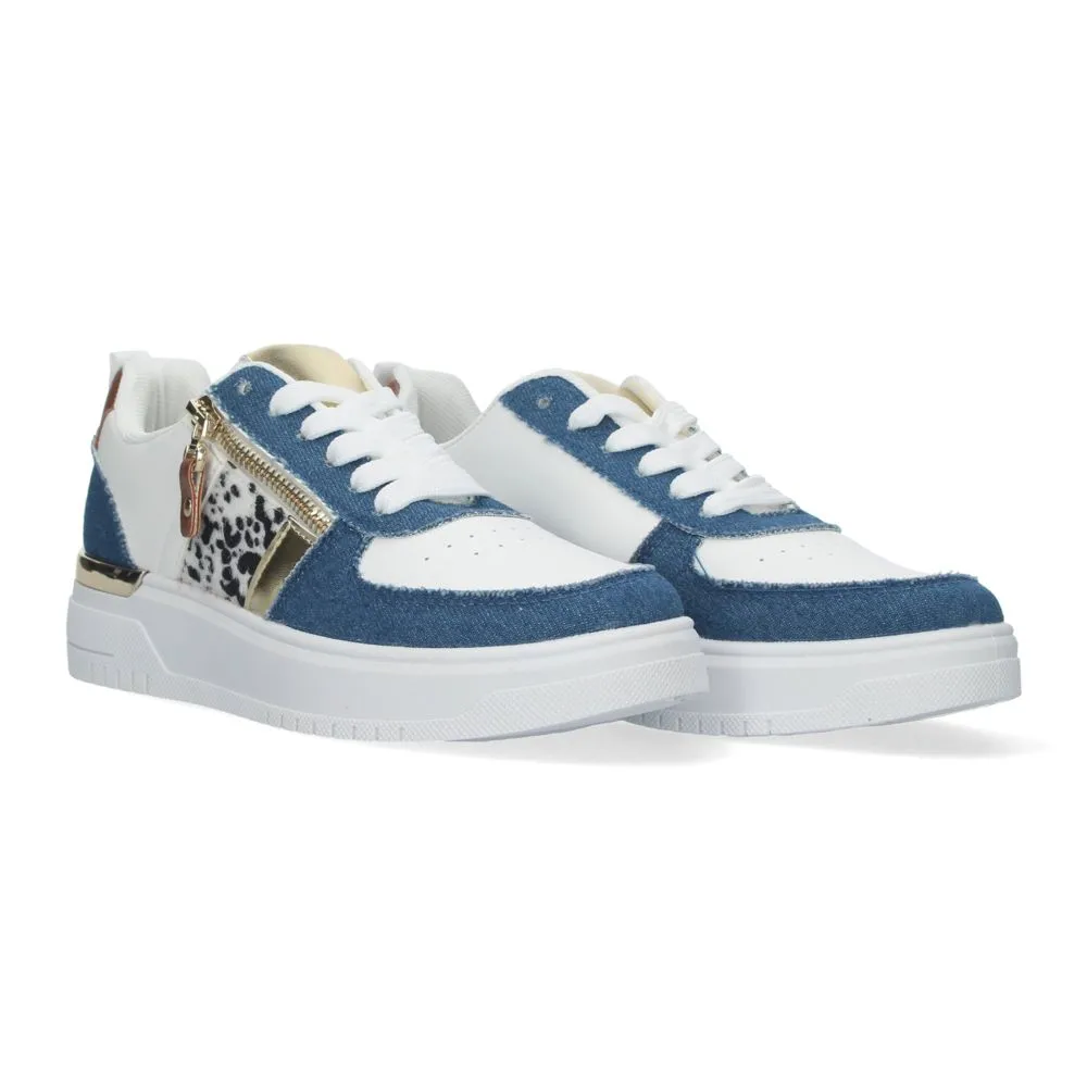 Zapatillas de mujer cómodas con combinación de tela vaquera azul y animal print y adorno de cremalle