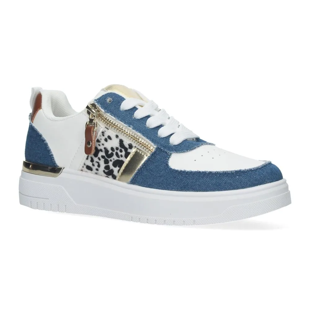 Zapatillas de mujer cómodas con combinación de tela vaquera azul y animal print y adorno de cremalle
