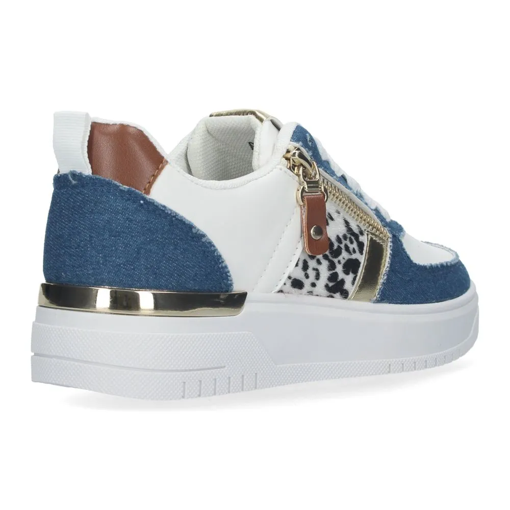 Zapatillas de mujer cómodas con combinación de tela vaquera azul y animal print y adorno de cremalle