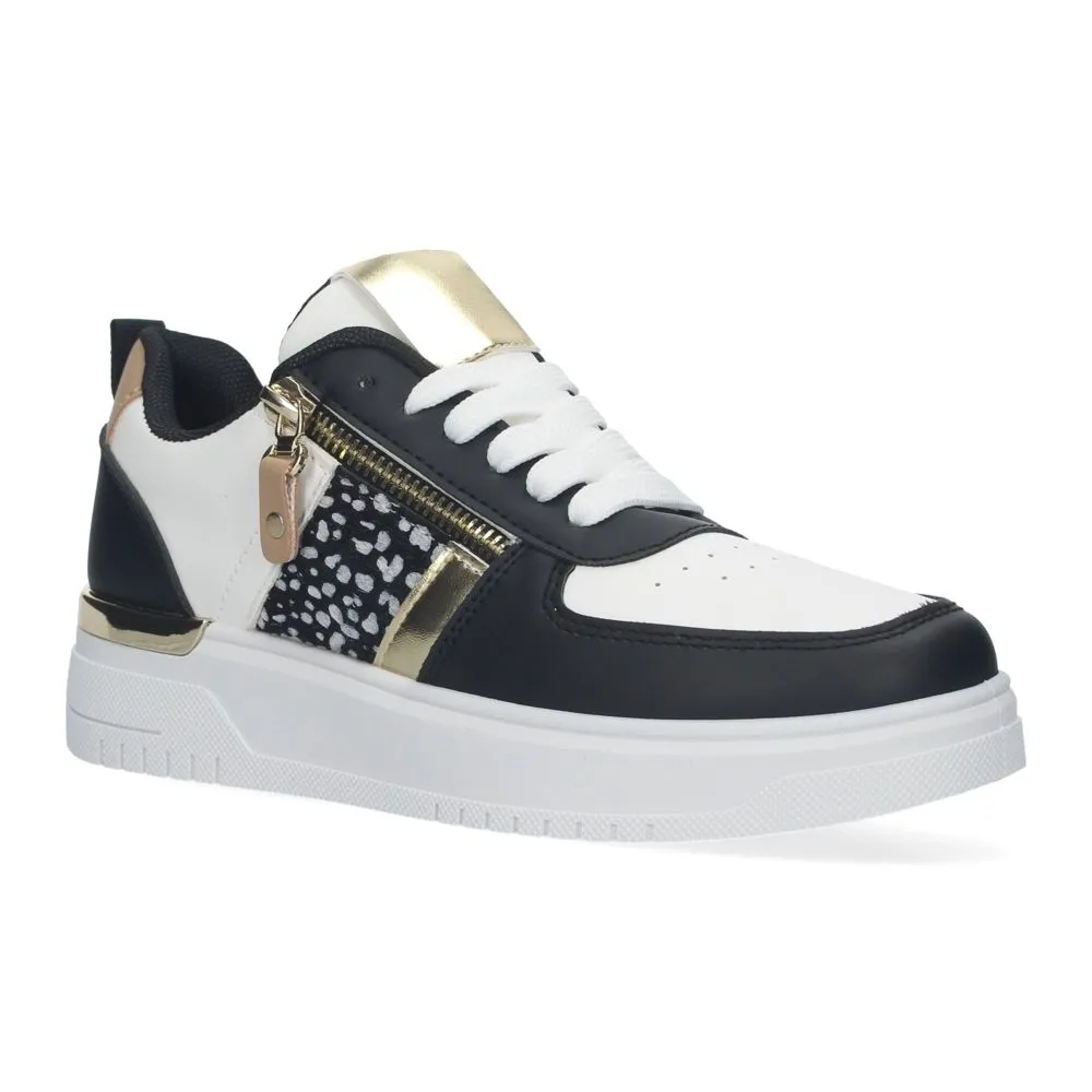 Zapatillas de mujer cómodas con detalles de animal print y dorado y adorno de cremallera dorada
